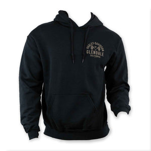 Glendale Harley-Davidson® Black Pullover Hoodie Gold Racer II Front