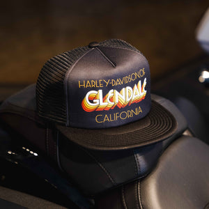 Glendale Harley-Davidson® Black Vintage Embers Trucker Hat Front Lifestyle