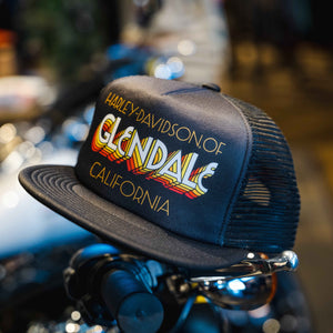 Glendale Harley-Davidson® Black Vintage Embers Trucker Hat Front Lifestyle 2