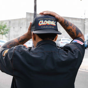 Glendale Harley-Davidson® Black Vintage Embers Trucker Hat Front Lifestyle 4