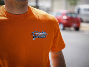 Glendale Harley-Davidson® Orange Palms T-Shirt Front Design Lifestyle