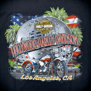 Hollywood Harley-Davidson® Black Bar and Shield Hollywood Universal Globe T-Shirt Back Design