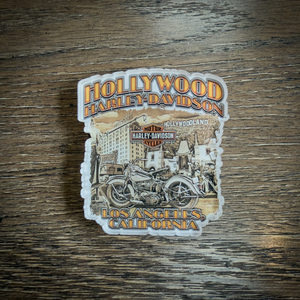 Hollywood Harley-Davidson Hollywoodland Magnet on wooden surface